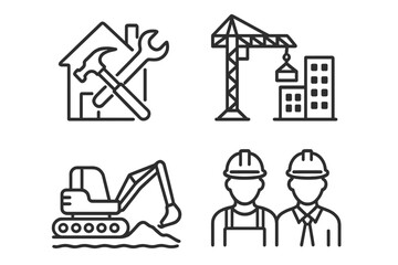 Vector icon set of the construction industry. Building site, home repair, crane, excavator, engineer, and worker line icons. Real estate development architecture symbols.