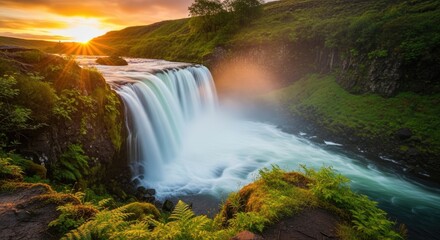 landscape view of a waterfall in the afternoon with the sun setting