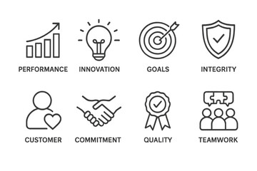 Core values icon set for business. Performance, innovation, goals, integrity, customer, commitment, quality, teamwork. Web and mobile app line icons. Company mission.