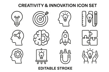 Creativity and innovation linear icon set. Metaphor for creative business solutions, startup launch, problem solving, marketing, mind, inspiration, strategy and idea.