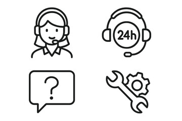 Customer service icon set. Line style web and mobile app icons. Online help, 24h support, FAQ, technical assistance. Contact center operator, settings gear vector symbols.
