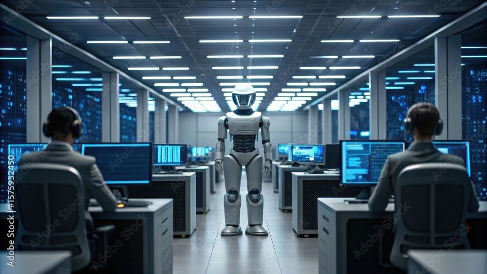 Poster a humanoid robot stands in a futuristic office filled with workers at computers, highlighting ai and