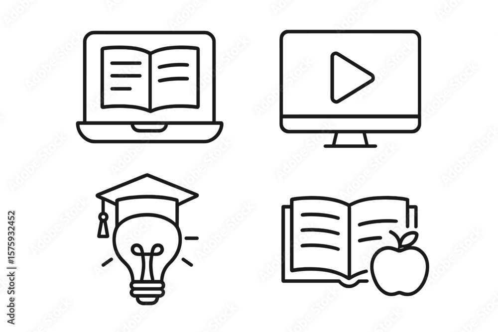 Fototapete education and e-learning line icon set. online learning, video tutorial, webinar, knowledge, school,