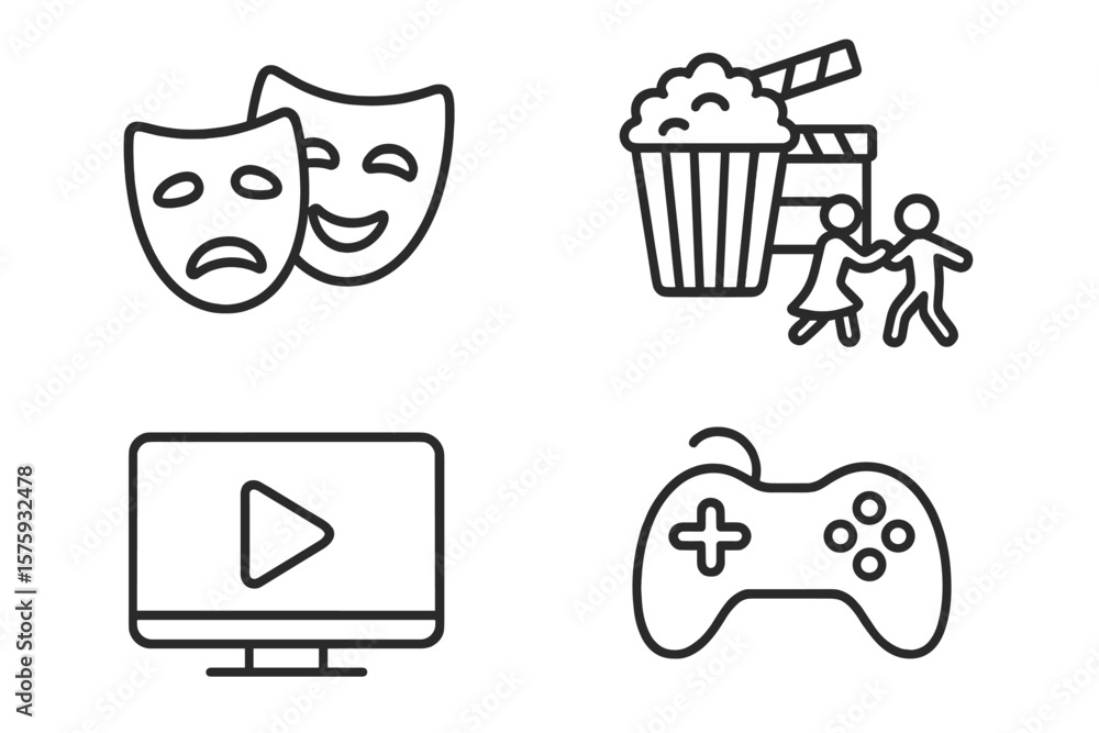 Poster entertainment and lifestyle icon set. thin line pictograms for web and mobile app ui. includes theat