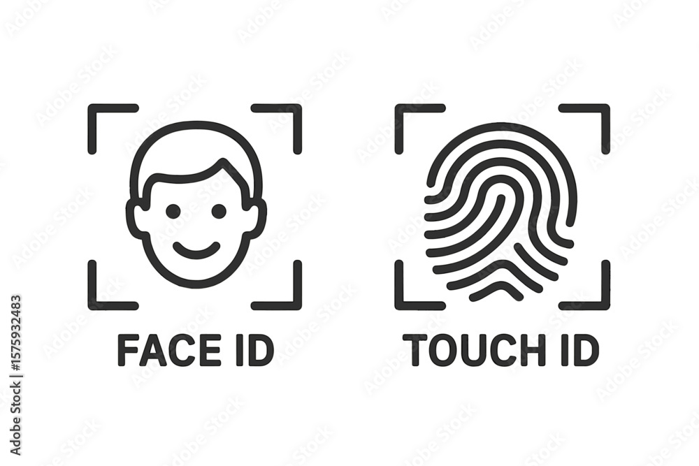 Poster biometric authentication icons. face id facial recognition and touch id fingerprint scanner. vector 