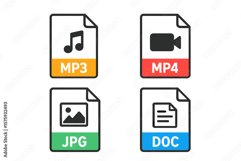 Poster file type icon set vector collection. popular file format and document extension symbols in flat sty