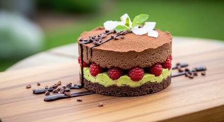 a cake with three colors, in the middle there is fruit and on top there is cheese and chocolate milk
