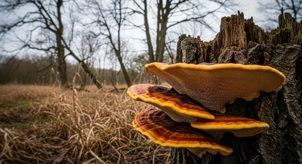 beside the fragile tree trunk grows wood fungus