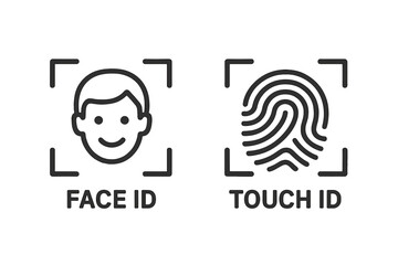 Biometric authentication icons. Face ID facial recognition and Touch ID fingerprint scanner. Vector symbols for personal identity verification and mobile app security concept.