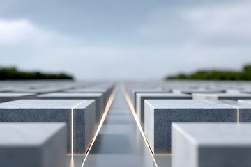 Abstract geometric pattern with concrete blocks under cloudy sky