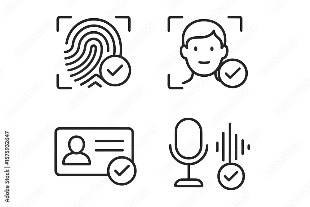 Poster biometric verification icons set. fingerprint scan, face recognition, id card, voice authentication.