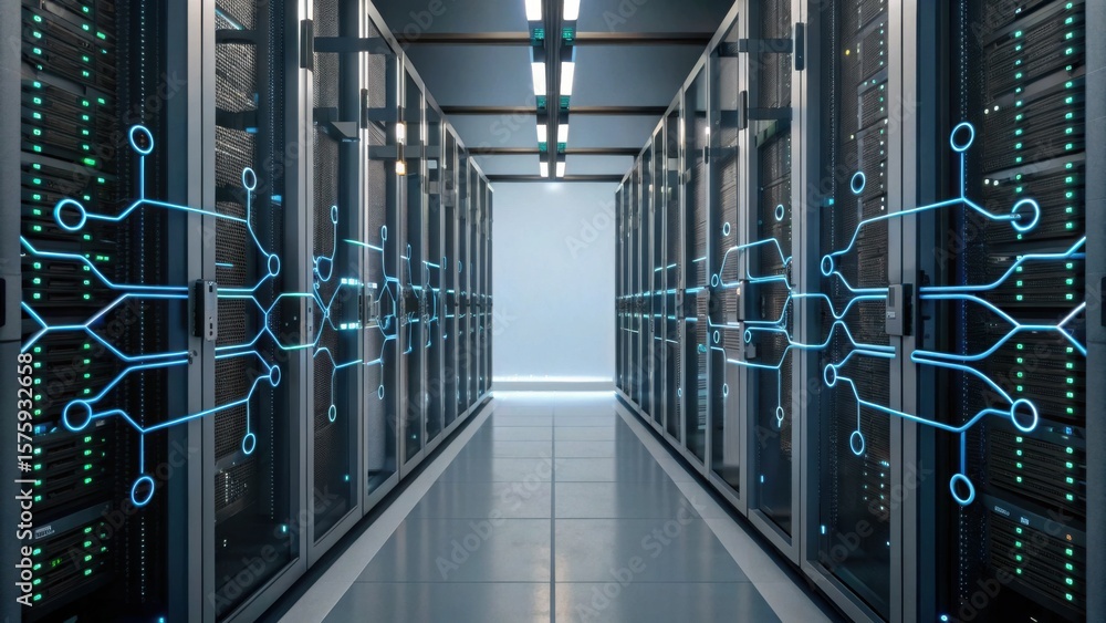 Poster a modern data center aisle lined with server racks featuring digital network connections illuminated