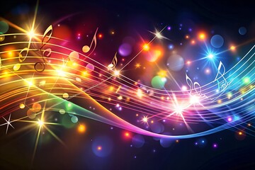 Abstract Colorful Music Notes Background: Glowing Staccato, Energetic, Festive, and Dynamic Design with Bokeh Lights and Sparkling Stars.
