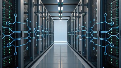 A modern data center aisle lined with server racks featuring digital network connections illuminated by blue circuit-like lines.