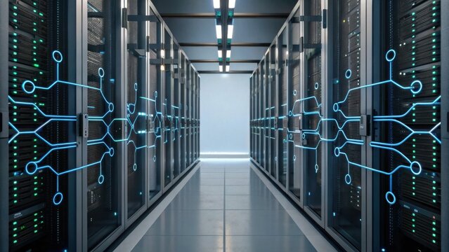 A modern data center aisle lined with server racks featuring digital network connections illuminated by blue circuit-like lines.