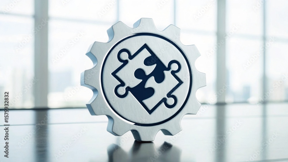 Poster a metallic gear with two interlocking puzzle pieces engraved on it, symbolizing collaboration and me