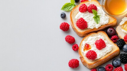 A Colorful Plate of Fresh Fruit and Bread Accompanied by Sweet Honey