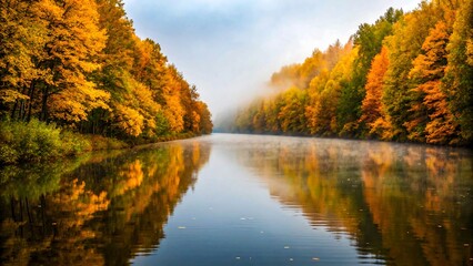Calm river reflecting colorful autumn forest with morning mist