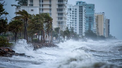 in Florida, Coastal city facing a storm with strong winds, high waves crashing against the shore, and swaying palm trees near tall residential buildings.