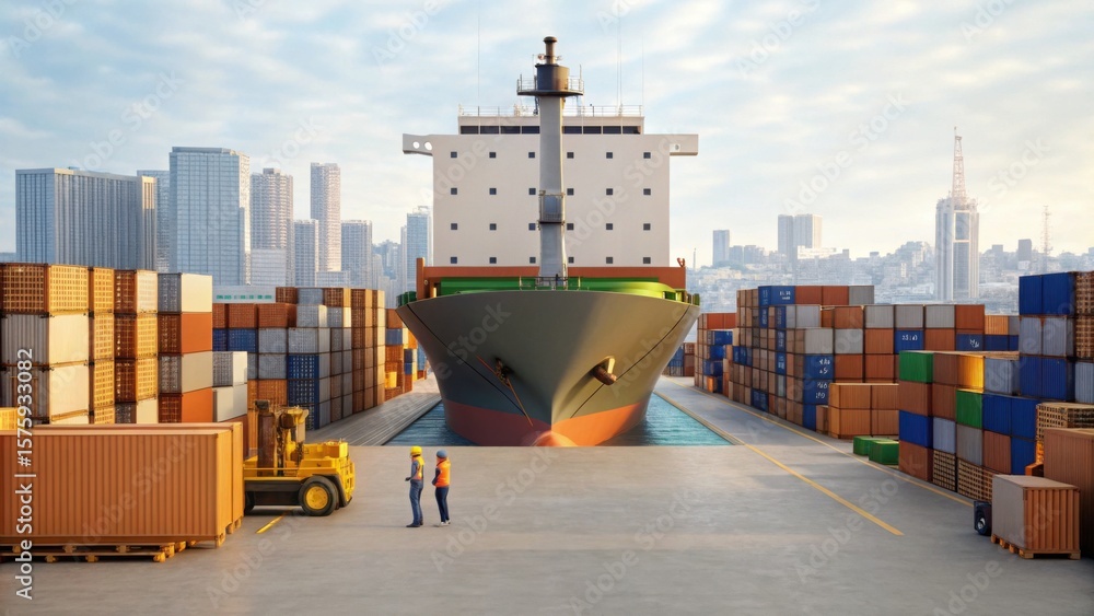 Poster a large cargo ship docked at a busy port with stacked shipping containers and workers in safety vest