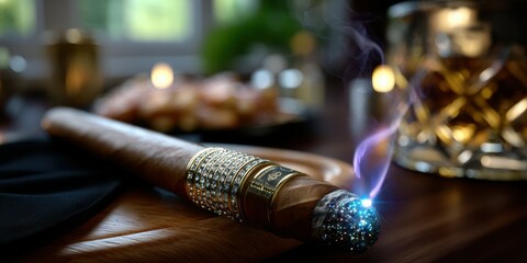 Luxurious cigar rests on a wooden table with sparkling ash and dim candlelight ambiance