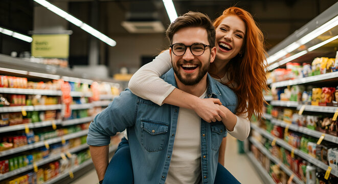 Happy couple playful piggyback ride grocery store shopping fun relationship love supermarket aisle cheerful joyful laughter romance togetherness bonding grocery shopping day - Powered by Adobe