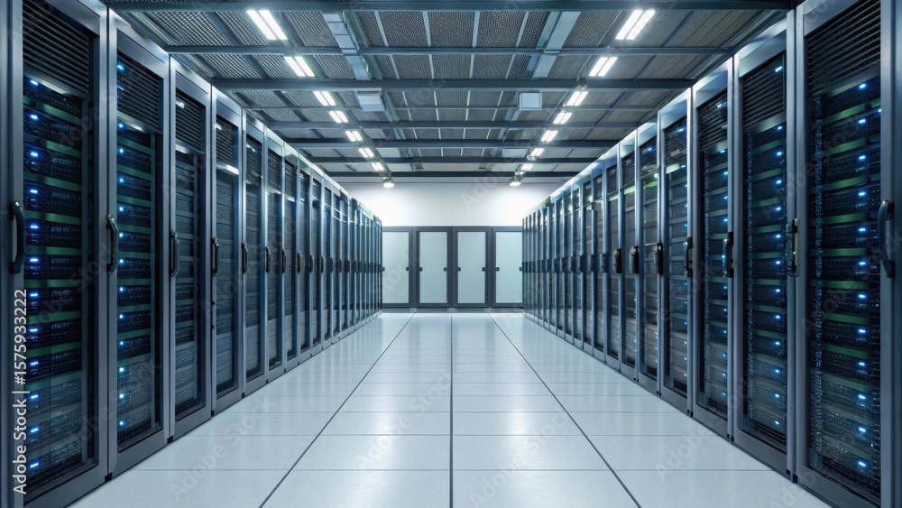 Poster a modern data center aisle lined with server racks, illuminated by bright overhead lights showcasing