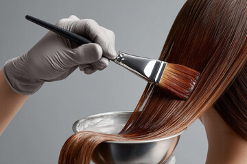 A stylist in gloves expertly applies a hair treatment with a brush to a client's long, sleek hair in a salon setting.