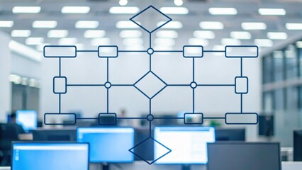 Transparent flowchart overlays a modern office workspace with multiple computer screens and bright ceiling lights in the background.