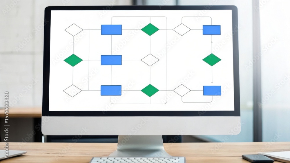 Poster a computer screen displays a flowchart with blue rectangles, green diamonds, and white diamonds, rep