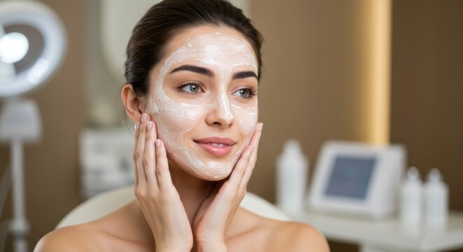 Attractive young adult woman applying facial cream The face of a woman getting a spa treatment