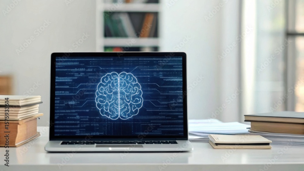 Poster a laptop on a desk displays a digital brain graphic with code, symbolizing artificial intelligence o