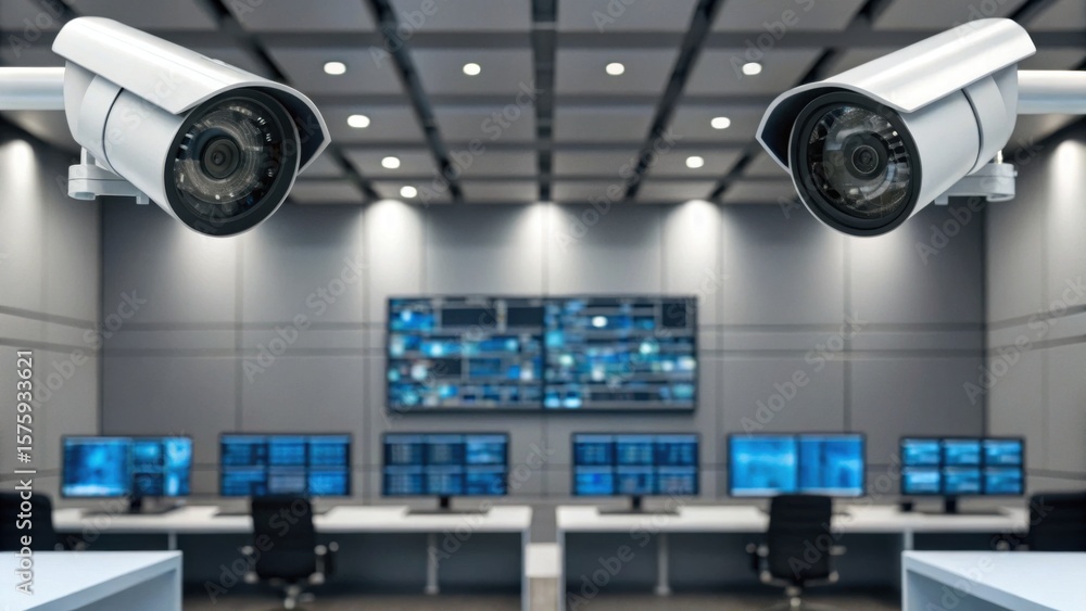 Aufkleber two security cameras monitor a modern control room with multiple screens displaying data and surveil