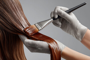 A stylist in gloves expertly applies a hair treatment with a brush to a client's long, sleek hair in a salon setting.

