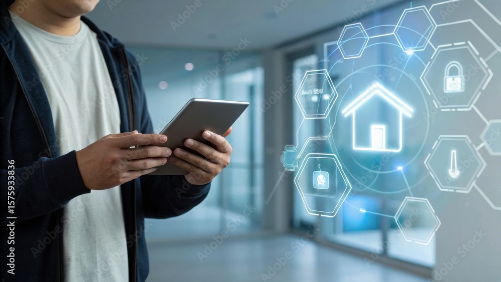 Poster a person uses a tablet to control a smart home system with digital icons representing security, temp