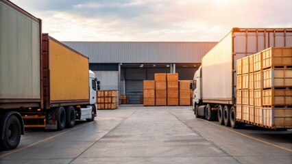 Warehouse loading area with trucks and stacked wooden crates under a partly cloudy sky during sunset.
