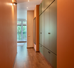 Modern Hallway with Wooden Flooring and Large Green Cabinets