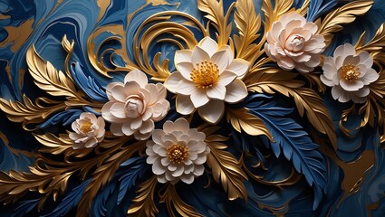 Luxurious Floral Arrangement with Gold and Blue Accents, Intricate Floral Design with Ornate Gold and Blue Details