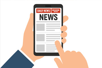 Breaking news smartphone concept. Hand holding mobile device scrolling news feed. Online newspaper, daily headlines, digital journalism, news app, information update, media article
