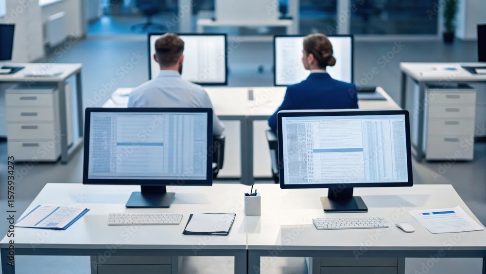 Poster modern office workspace with two people working at computers facing away, surrounded by desks and mi
