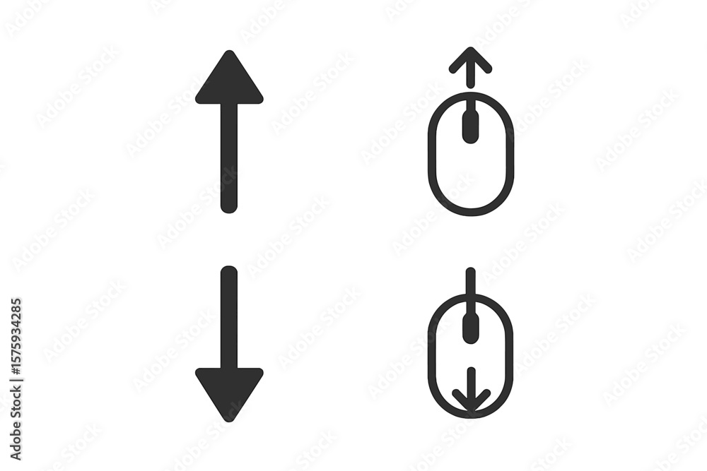 Poster vertical scroll arrows and mouse scroll icons set. up and down navigation symbols for website, web d