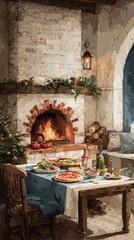 Cozy dining table set with hearty dishes and a warm fireplace in a festive kitchen during winter
