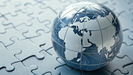 A globe representing Earth rests on a jigsaw puzzle surface, symbolizing global connection and problem-solving.