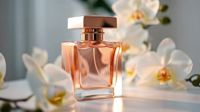 Elegant rose gold perfume bottle with delicate white orchids and soft diffused light, perfume bottle and flower