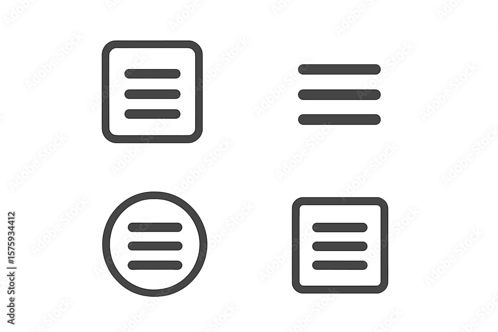 Fototapete Minimalist Hamburger Menu Icons Set. Flat Line Menu Button Symbol. UI Navigation Elements for Mobile Apps and Web Interfaces. Vector Illustration with Square and Circle Frames