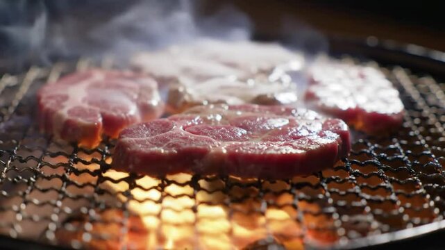 Juicy Slices Cooking On Grill With Visible Steam Smoke Effect Delicious Meal