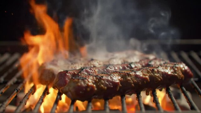 Sizzling Cevapi On Grill With Open Flames And Smoke Summer Cooking