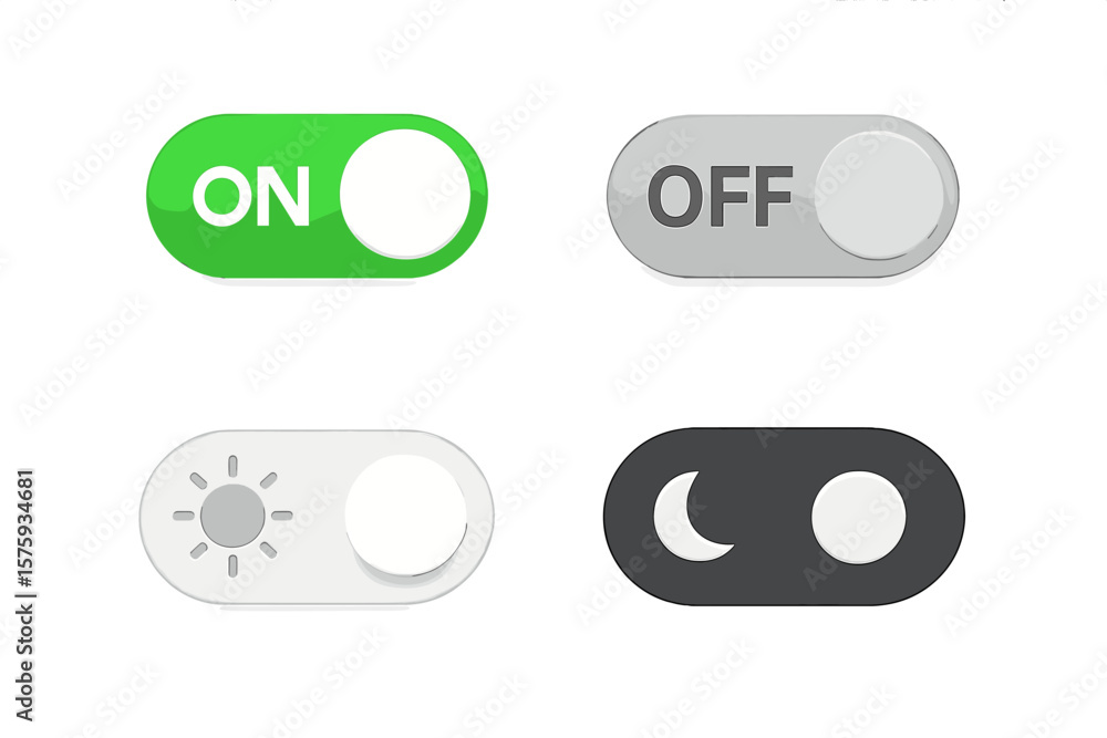 Poster modern on off toggle switch icons set. day night mode slider buttons. sun moon symbol. mobile app ui