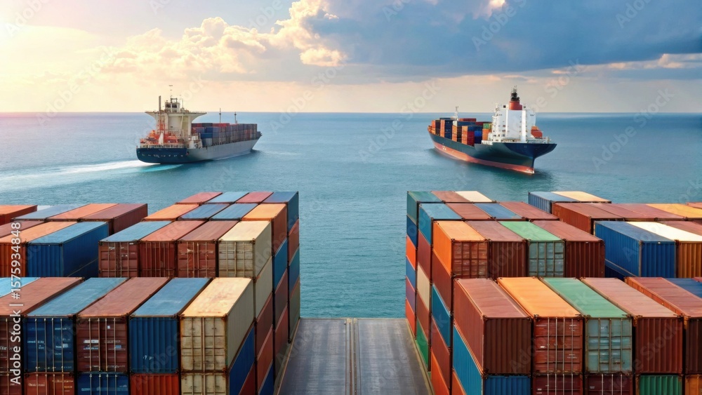 Poster two large cargo ships navigate a calm sea, approaching a busy port stacked with colorful shipping co