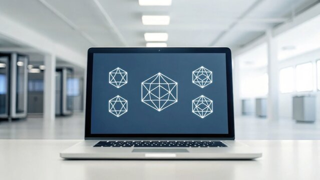 A laptop on a white table in a modern office displays five 3D geometric polyhedron wireframe shapes on its screen.
